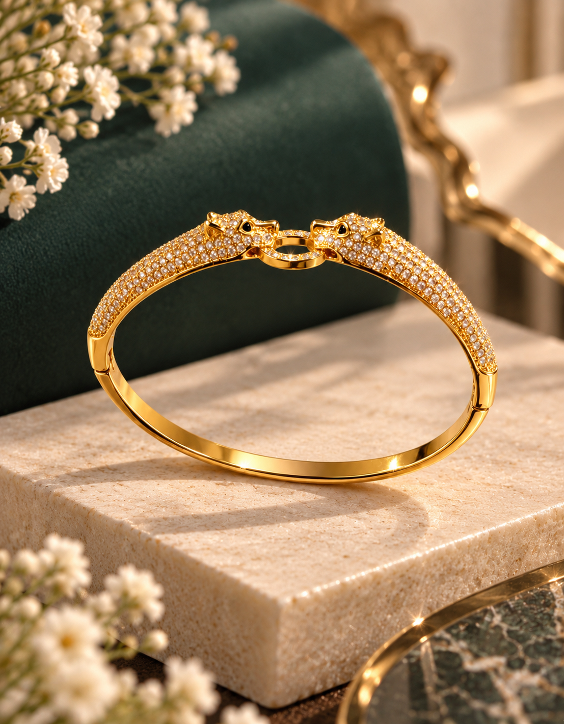 MIMORI Golden Panther gold-tone cuff bracelet with sparkling double panther design