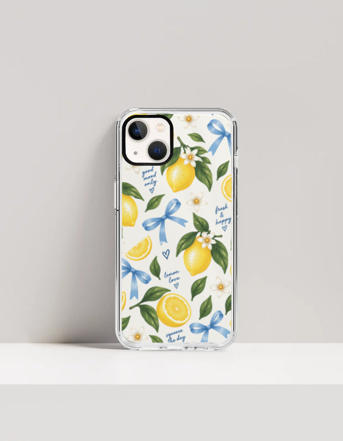 MIMORI cute lemon floral phone case with blue bows and lemon pattern